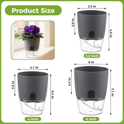 Planterhoma 8 Pack Self Watering Pots for Indoor Plants, 4 Inch Plant Pot Plastic Self Watering Planter for Orchid, African Violet, Small Clear Flower Pots with Drainage Holes and Wicking Rope, Grey