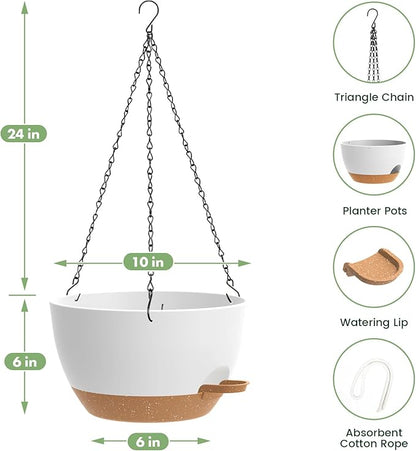 3 Pack 10 Hanging Flower Pots with Chains Self Watering Plastic Planters for Indoor Outdoor Plants, Sturdy Triangular Iron Chain Design for Garden PorchPlastic hanging flower pots (3, White-brown)