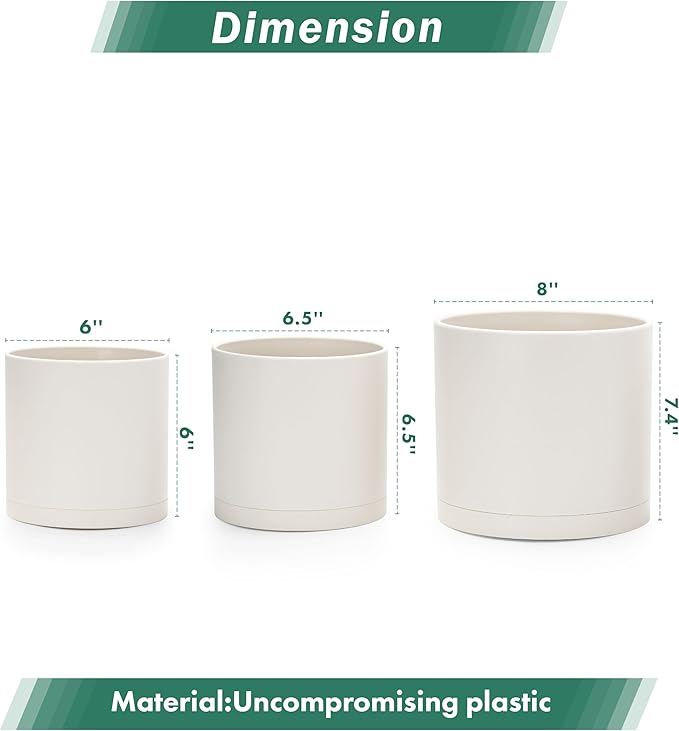 D'vine Dev 6 Inch 6.5 Inch 8 Inch, Set of 3 Plastic Planter Pots for Plants with Drainage Hole and Seamless Saucers, Oatmeal, Medium, 74-V-H-3