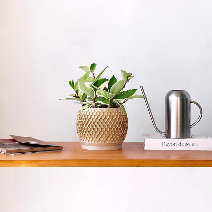 Plant Pots, Modern 3D Printed Honeycomb Planters for Indoor Plants, 4.7 Inch Wood Decorative Flower Pot for Office Desktop, Bookshelf & Home Decor, Lightweight & Durable.