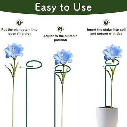 FEED GARDEN 16 Inch 12 Pack Plant Support Stakes, Metal Garden Flower Stakes and Supports for Outdoor Plants, Plant Stem Support with 24 Twist Ties for Amaryllis Lily Rose Peony Tomatoes Gladiolus