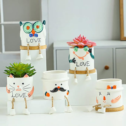 DIYOMR Smooth Glazed Ceramic Planter with Hanging Leg, Cute Cartoon Flower Plant Pots Drainage Hole Small Succulent Pots for Mini Flower Planters Cactus, Plants Not Include (Owl)
