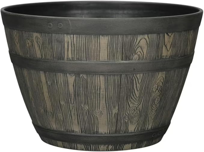 Rustic Whiskey Barrel Planter 19.9 Inch - Durable Plastic - Indoor/Outdoor Decor - Easy Knock-Out Drainage Holes - Lightweight & Frost Proof