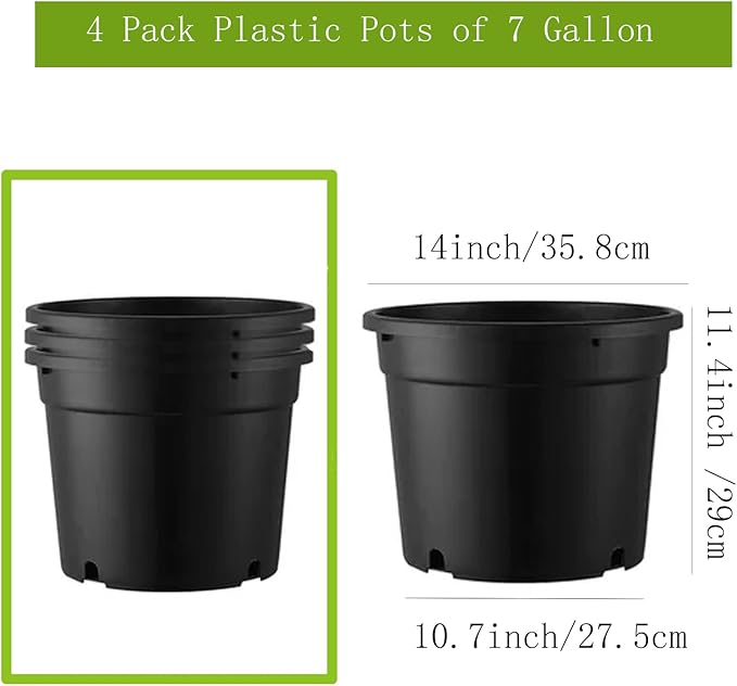 7 Gallon Plastic Pots for Plants, 7 Gallon Nursery pots, 4 Pack 13 Round Sturdy Plastic Planters for Outdoor Indoor Plants, Flowers, Black