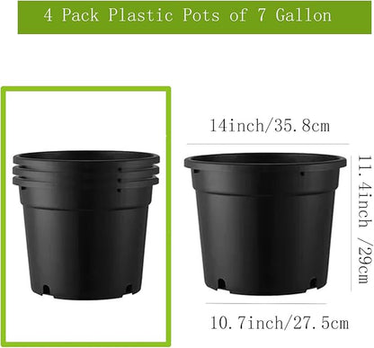 7 Gallon Plastic Pots for Plants, 7 Gallon Nursery pots, 4 Pack 13 Round Sturdy Plastic Planters for Outdoor Indoor Plants, Flowers, Black