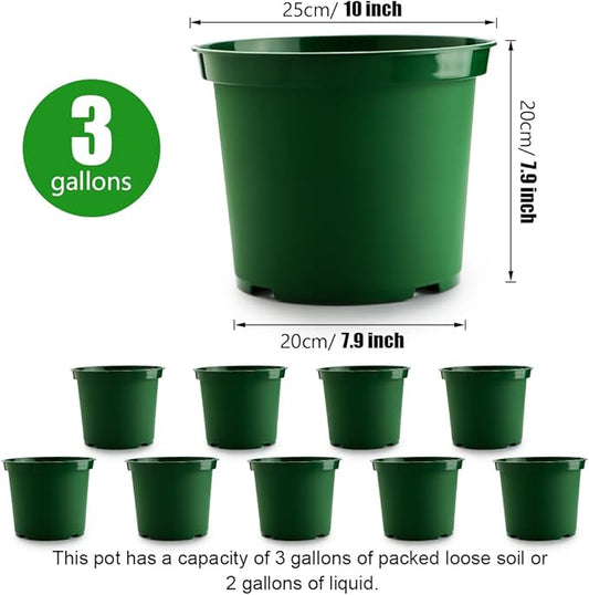 3 Gallon Plastic Nursery Pots, 10 Inch Round Plant Pots with Drainage Holes, 10 Pack Planting Pot for Outdoor Indoor Plants, Gardening Gifts for Women, Green