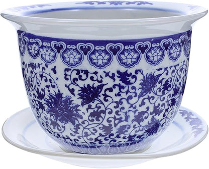 DOITOOL Blue and White Porcelain Plant pots with Drainage Holes and Drainage Tray for Indoor and Outdoor Plants, Ceramic Flower Pots