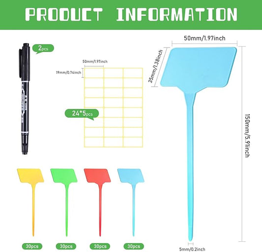 120 Pcs Plastic Plant Label Signs, Plastic Plant T Type Tags Plant Markers Stakes, Garden Plant Labels, with 2 Marker Pens for Flower Herb Pot Plant