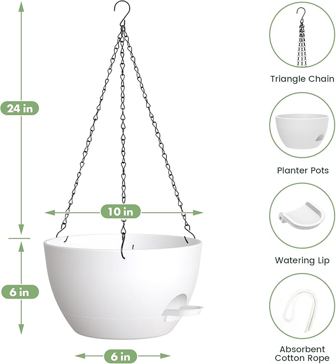 3 Pack 10 Hanging Flower Pots with Chains Self Watering Plastic Planters for Indoor Outdoor Plants, Sturdy Triangular Iron Chain Design for Garden PorchPlastic Hanging Flower pots (3, White)