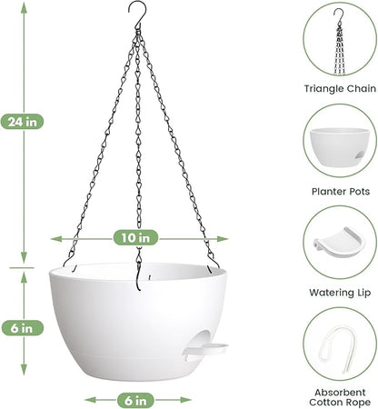 3 Pack 10 Hanging Flower Pots with Chains Self Watering Plastic Planters for Indoor Outdoor Plants, Sturdy Triangular Iron Chain Design for Garden PorchPlastic Hanging Flower pots (3, White)