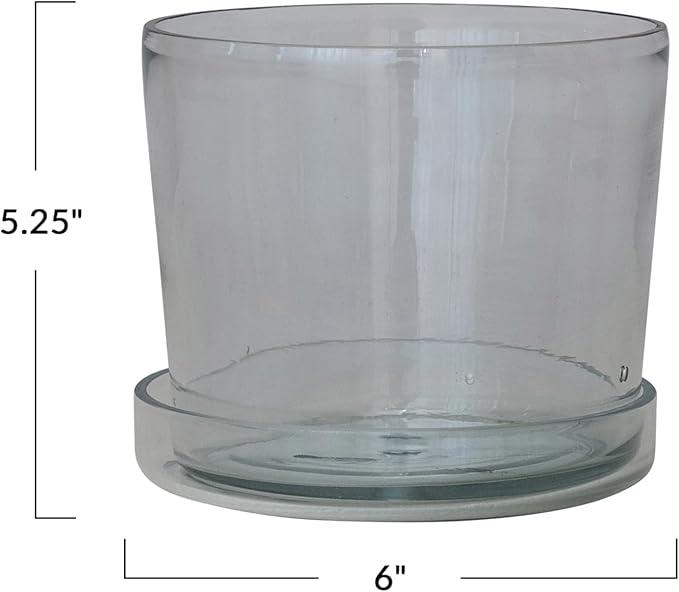 Creative Co-Op Round Hand-Blown Glass Planter with Drainage Hole and Saucer, Clear