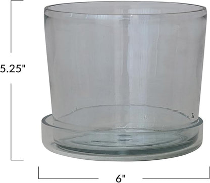 Creative Co-Op Round Hand-Blown Glass Planter with Drainage Hole and Saucer, Clear
