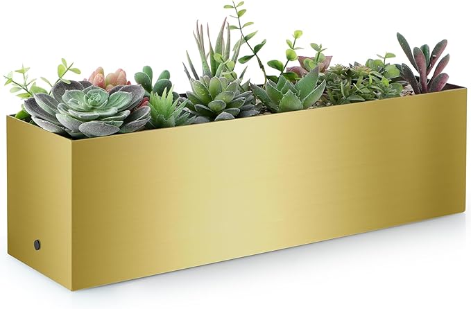 17" Large Stainless Steel Planter Box with Drain Holes and Water Reservoir, Rectangle Succulent Trough Planter Pot for Indoor Outdoor Windowsill, Table Decor (Brushed Gold)