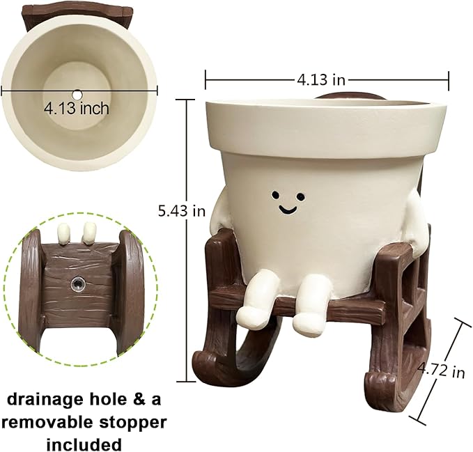 Cute Plant Pots Large Smily Face Planter Pot Resin Flower Head Planters for Indoor Outdoor Plants Unique Sit Rocking Chair Succulent Pot with Drainage Hole Best Gift for Mother and Plant Lovers