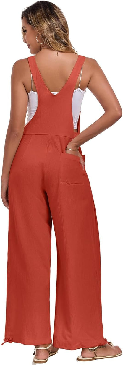 ALSOGO Womens Wide Leg Overalls Loose Beach Vacation Outfits Jumpsuits 2025 Causal Sleeveless Rompers with Pockets