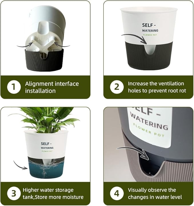 5/6.5/7.5 Inch Self Watering Pots for Indoor/Outdoor ,4 Pack plastic Planters for Indoor Plants with Drainage Holes and Saucers, Modern Decorative Flower Pot for Plants (White, 7.5-Inch, 4-Pack)
