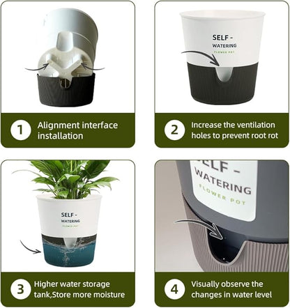 5/6.5/7.5 Inch Self Watering Pots for Indoor/Outdoor ,4 Pack plastic Planters for Indoor Plants with Drainage Holes and Saucers, Modern Decorative Flower Pot for Plants (White, 6.5-Inch, 4-Pack)