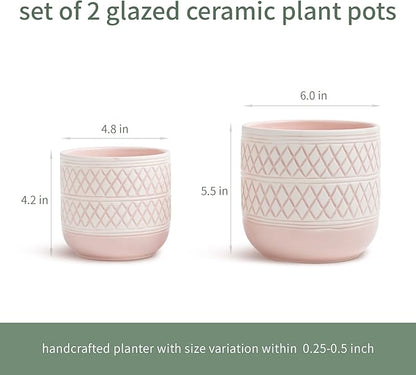 Decorative Ceramic Flower Pots Set of 2 – 6 & 4.7 Inch Indoor Plant Pots, Boho Decorative Pots for Plants, Orchid & Succulent Planters with Drainage