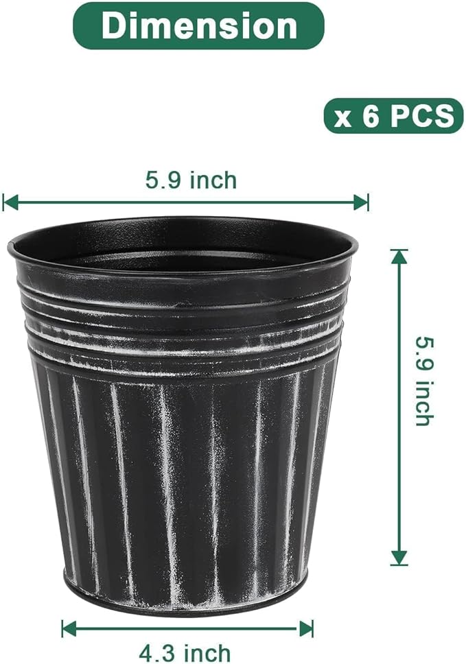 vensovo 6 Inch Black Metal Rustic Flower Pots - 6Pcs Galvanized Planters with Drainage Hole and Rubber Plug, Rustproof Metal Bucket Plant Pots Farmhouse Vintage Style for Decor