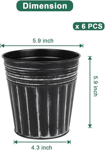 vensovo 6 Inch Black Metal Rustic Flower Pots - 6Pcs Galvanized Planters with Drainage Hole and Rubber Plug, Rustproof Metal Bucket Plant Pots Farmhouse Vintage Style for Decor