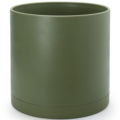 D'vine Dev 16 Inch Plastic Planter Pots for Plant Pot with Drainage Hole and Seamless Saucers, Olive, 74-X-I-5
