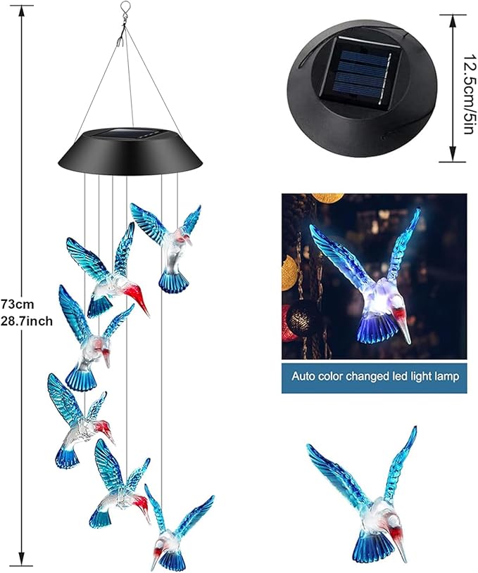Solar Hummingbird Wind Chimes for Outside,Hummingbird Gift for Mom Grandma Girls,Waterproof Outdoor Solar Powered Lights for Garden Patio Yard Home Decor