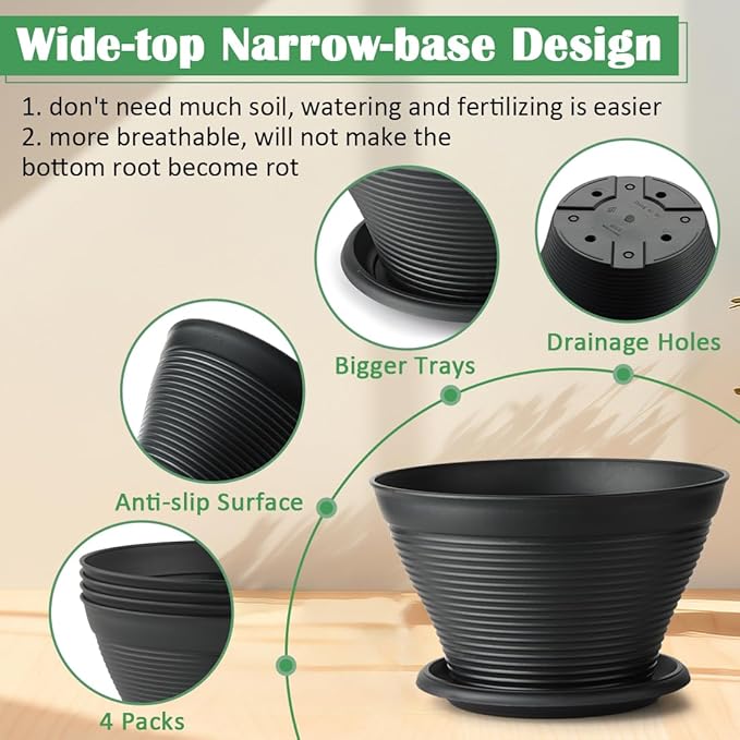 4 Pack 12 Inch Plant Pots with Saucers, Plastic Flower Pots with Drainage Holes, Large Planters for Indoor Outdoor Garden, House Plants, Flowers, Herbs, Gardening Gifts, Black