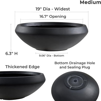 Concrete Bowl Planter, 19"Dia Large Succulent Pot with Drain Hole, Lotus Planter 16.7"Opening Flowerpot for Herbs, Bonsai, and Shallow-root Plants, Indoor & Outdoor Garden, Patio Decor, Medium-Black