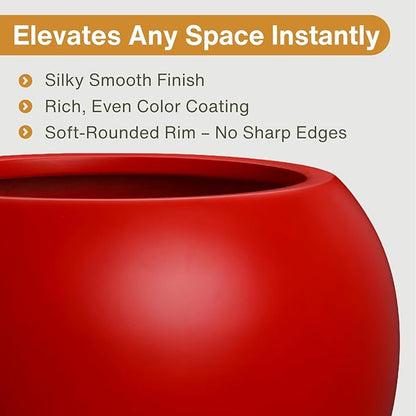 16" H x 20" D Globo Fiberstone Round Planter with Drainage Hole, Smooth Finishes, Weather Resistant for Indoor and Outdoor Use, Included 2 Extra Coco Mats (Red, 13.5" Pot Opening)