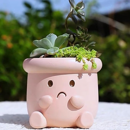 Cute Face Planter Pot, Small Resin Head Planters for Indoor Plants, Funny Smiling Face Flower Pot Succulent Planter with Drainage Hole, Gift IdeaI for Birthday Christmas (Pink)