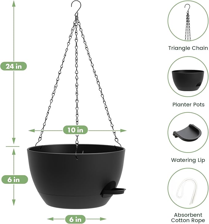 3 Pack 10 Hanging Flower Pots with Chains Self Watering Plastic Planters for Indoor Outdoor Plants, Sturdy Triangular Iron Chain Design for Garden PorchPlastic Hanging Flower pots (3, Black)