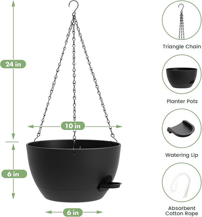 3 Pack 10 Hanging Flower Pots with Chains Self Watering Plastic Planters for Indoor Outdoor Plants, Sturdy Triangular Iron Chain Design for Garden PorchPlastic Hanging Flower pots (3, Black)