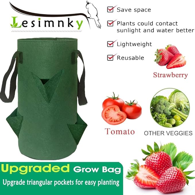 4Pack Upside Down Strawberry Planter, 3 Gallon Hanging Grow Bags for Tomato Vegetables 6 Planting Holes with 4 Hooks,Upside Down Strawberry Plant Hanger Vegetable Planting Bags for House (Dark Green)