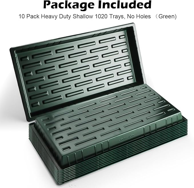 10 Pack Heavy Duty 1020 Trays No Holes - 1.6 Inch Deep Shallow Nursery Flats, Reusable Seed Starter Trays for 72/128 Cell Inserts, Microgreens, Seedling and Hydroponics (Dark Green)