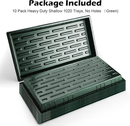10 Pack Heavy Duty 1020 Trays No Holes - 1.6 Inch Deep Shallow Nursery Flats, Reusable Seed Starter Trays for 72/128 Cell Inserts, Microgreens, Seedling and Hydroponics (Dark Green)