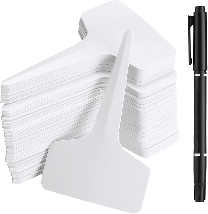 200 Pcs Plant Labels T-Shape, 4 Inch Plastic Potted Plant Name Tags, Seedlings Seed Label Markers Nursery Plant Stake Tag with Bonus Marking Pen for Outdoor Indoor Garden Patio Flower Vegetable, White