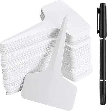 200 Pcs Plant Labels T-Shape, 4 Inch Plastic Potted Plant Name Tags, Seedlings Seed Label Markers Nursery Plant Stake Tag with Bonus Marking Pen for Outdoor Indoor Garden Patio Flower Vegetable, White