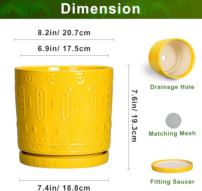 8 Inch Plant Pot, Ceramic Pots for Plants with Drainage Hole and Sacuer, Round Flower Pots for Indoor Outdoor Plants, Modern Decorative Planter, Table Decor, Plant Gifts for Women, Yellow