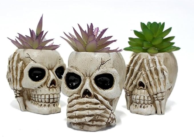 YYW Skull Planter Pot Set of 3 Succulents Pot Halloween Skeleton Sculpture Decor Resin Flowerpot for Home Office Desk Decorations