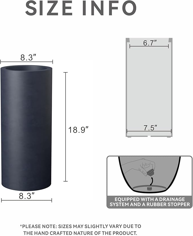 Kante 18.9 Inch Tall Cylindrical Planter, Large Round Plant Pots with Drainage Hole, Made with Concrete, Suitable for Indoor Outdoor Plants, Home Decor, Charcoal