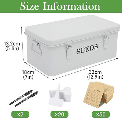 4 Dividers Seed Storage Box, Metal Seed Box Seed Storage Organizer with Safety Lock, Portable Garden Seed Bin, Professional All-in-one Kit, White