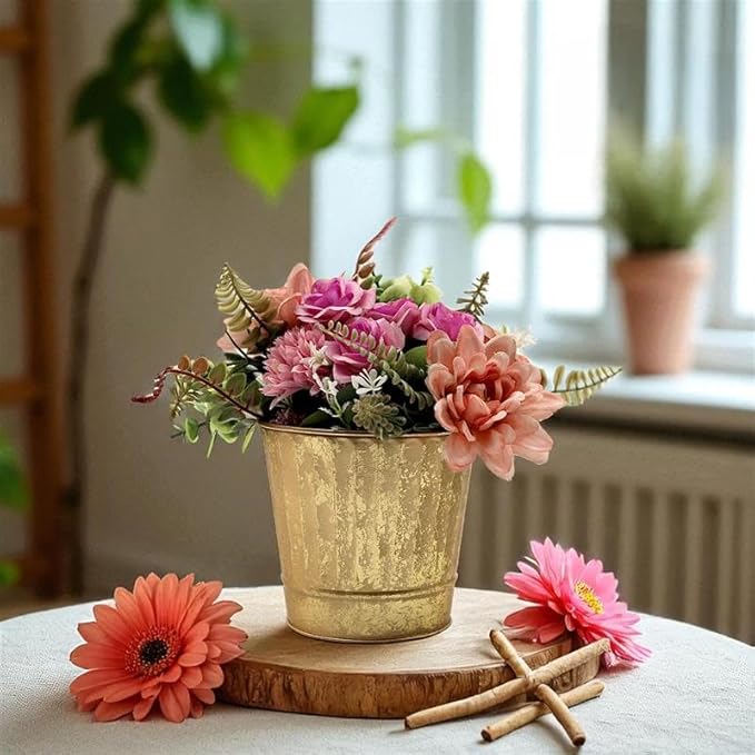 Hosley Metal Planters 7" Dia x 6" H Ideal Farmhouse Decor for Floral Arrangements Weddings, Gift Special Events Parties Outdoor Planters Gold