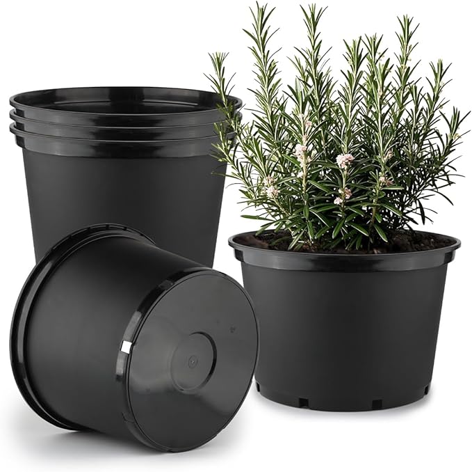 10 Gallon Plastic Nursery Pots, 16 Inch Round Plant Pots with Drainage Holes, 5 Pack Large Garden Flower Pots for Outdoor Indoor Plants, Gardening Gifts for Women, Black