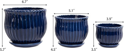 Ceramic Flower Pots, Ceramic Planters with Drainage Hole and Saucer, Modern Round Ceramic Succulent Plant Pots with Stripe Texture, Small to Medium Sized, Set of 3, Navy Blue