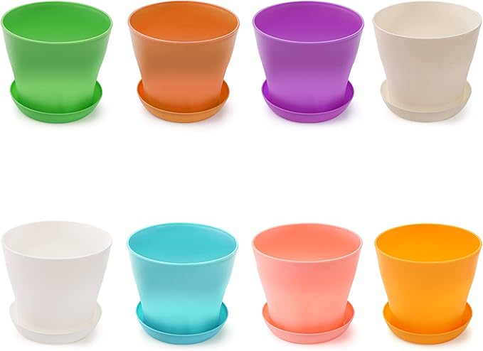 Tosnail 16 Pack 5.5 Inches Small Plastic Plant Flower Pot with Saucers, Seedlings Nursery Pots Planter with Pallet, Planting Gardening Containers - Assorted 8 Colors
