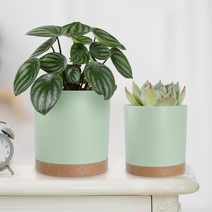 Plant Pots with Drainage Holes and Saucers – 7, 6.5, 6, 5, 4 Inch Plastic Planters for Indoor Outdoor Plants, Modern Matte Finish, Lightweight & Durable（Green）