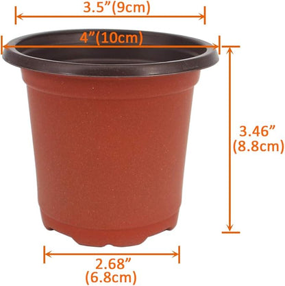 200 Pcs 4 Inch Plastic Seedlings Plants Nursery Pots with 200 Pcs Waterproof Plastic Plant Tags and 2 Set Transplanting Digging Mini Tools for Outdoor use(Red Brown)