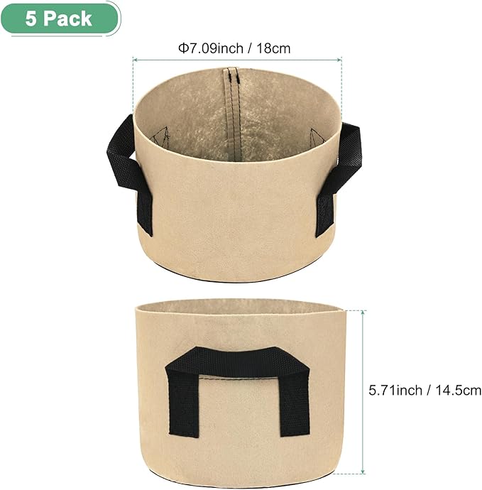5-Pack Plant Grow Bags 1 Gallon Grow Bags 300G Thickened Fabric Pots with Durable Handles Plant Garden Grow Pots for Fruits/Vegetables/Flowers/Plants [Khaki]