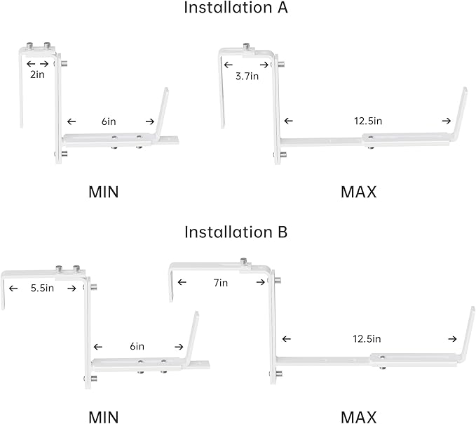 Y&M 6 Pcs Deck Railing Adjustable Planter Box Brackets (6 to 12.5 in), Universal Heavy Duty Iron Flower Box Brackets Wall Mounting Hooks for Fences, Patio, and Garden - White (Patent Registered)