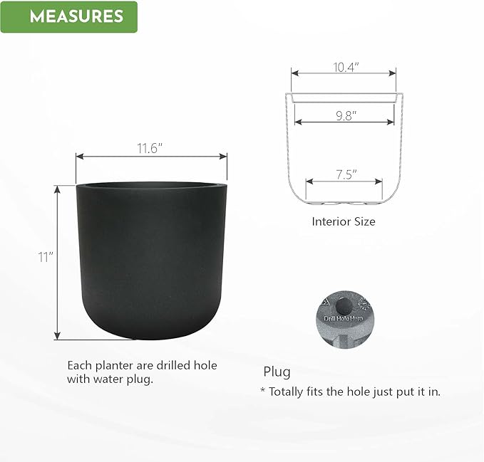11 Inch Modern Cylinder Planter, Lightweight Weather & UV Resistant Plastic Plant Pot with Drainage Hole & Rubber Plug, Indoor Outdoor Flower Pot for Home, Garden & Office, Fits Monstera, Coal Black